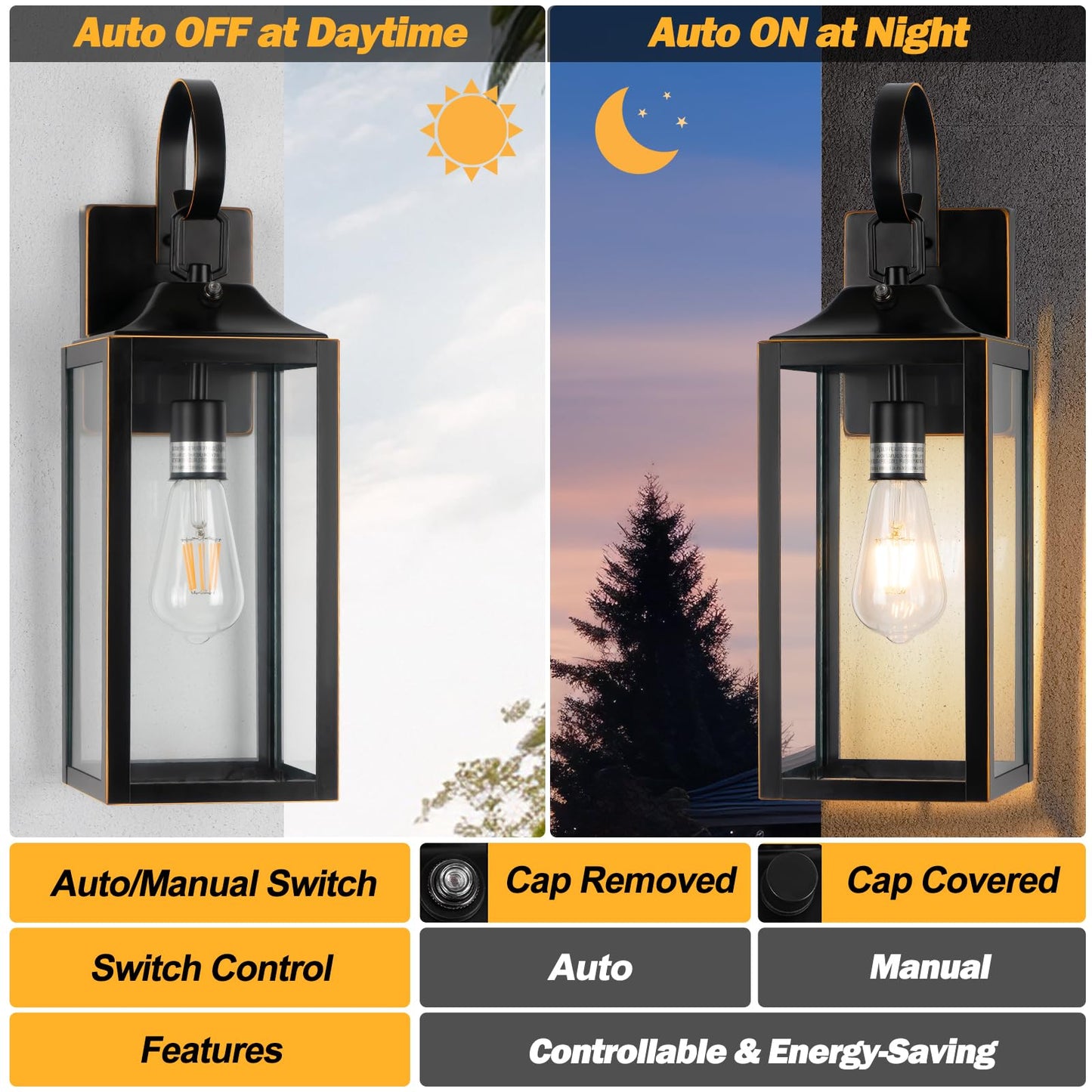 Yolsunes 19 Dusk To Dawn Outdoor Lighting 2 Pack  Large Outdoor Wall Lights Dusk To Dawn  Black Sensor Porch Lights Exterior Lighting Fixtures Wall Mount For House Garage -With Gold Trim