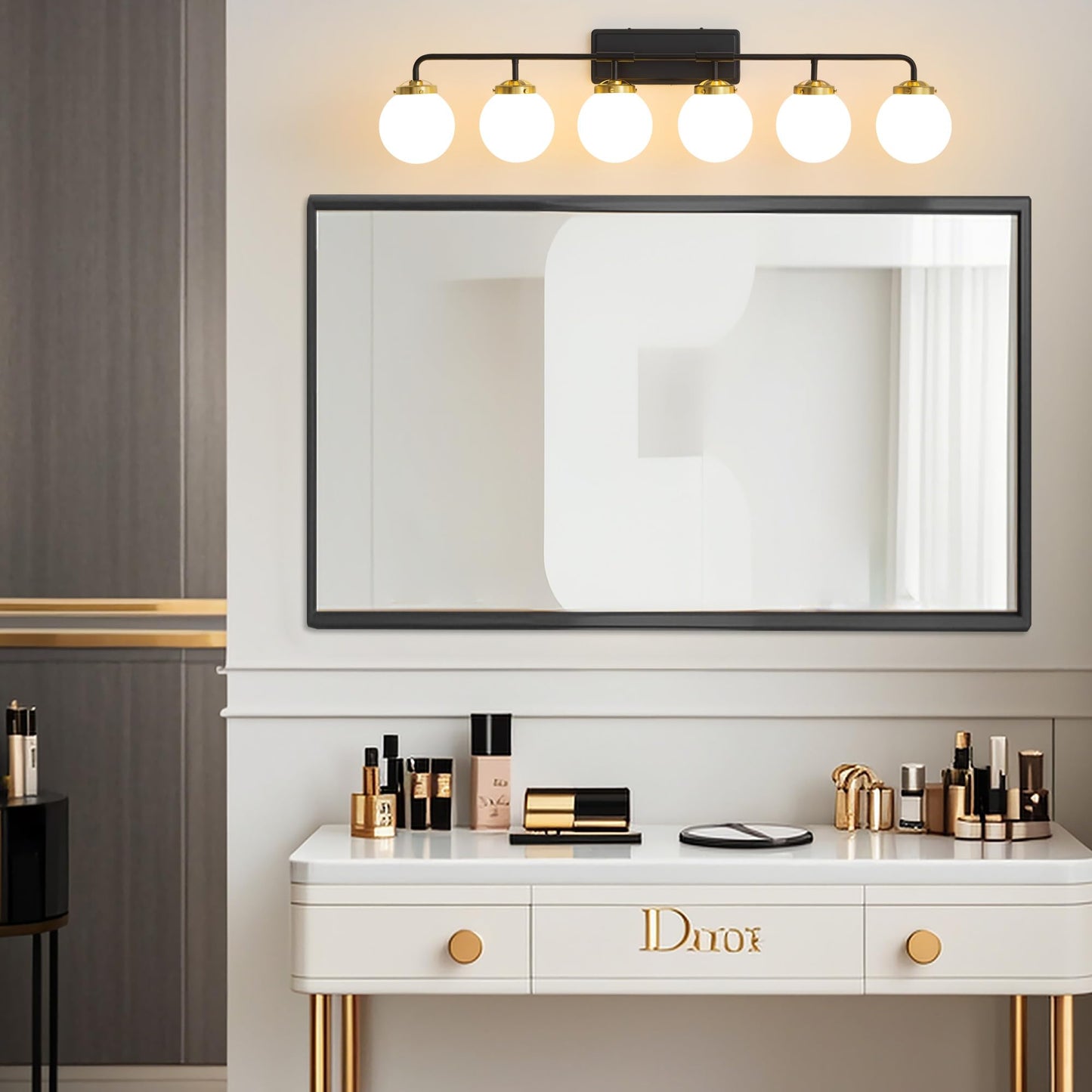 Deyidn Black Gold Bathroom Light Fixtures Over Mirror  Modern Vanity Lighting With Milk White Glass Globe Shades 6-Light Farmhouse Wall Sconce