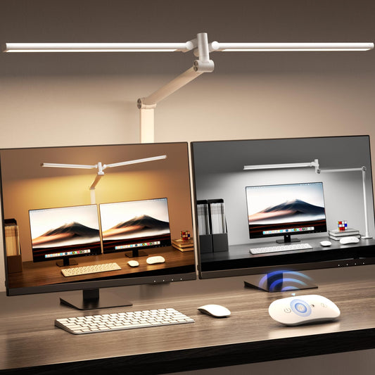 Airlonv Led Desk Lamp  Double Swing Arm Wide Lighting Area Desk Lamps For Home Office With Stepless Dimming  Eye-Caring Architect Desk Light With Clamp For Reading  Study  Workbench  Drafting(White)