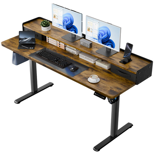 YESHOMY 63" x 23" Electric Standing Desk with 2 Drawers, Height Adjustable Computer Desk, Low Noise Home Office Stand Up Desk with 2 Preset Heights & 2 Hooks, Rustic Brown