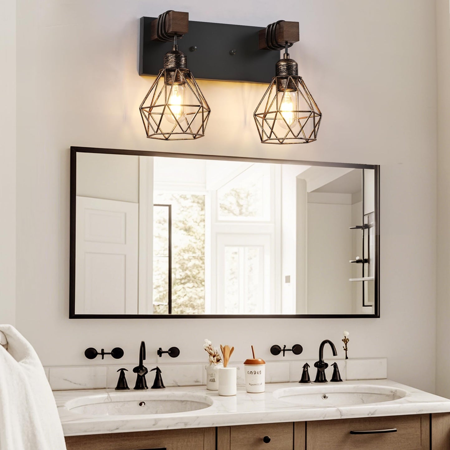 Farmhouse Vanity Light For Bathroom  2-Light Black Gold Wood Bathroom Vanity Light Fixtures Over Mirror  Rustic Sconces Wall Lighting With Metal Lampshade For Living Room  Bedroom  Hallway