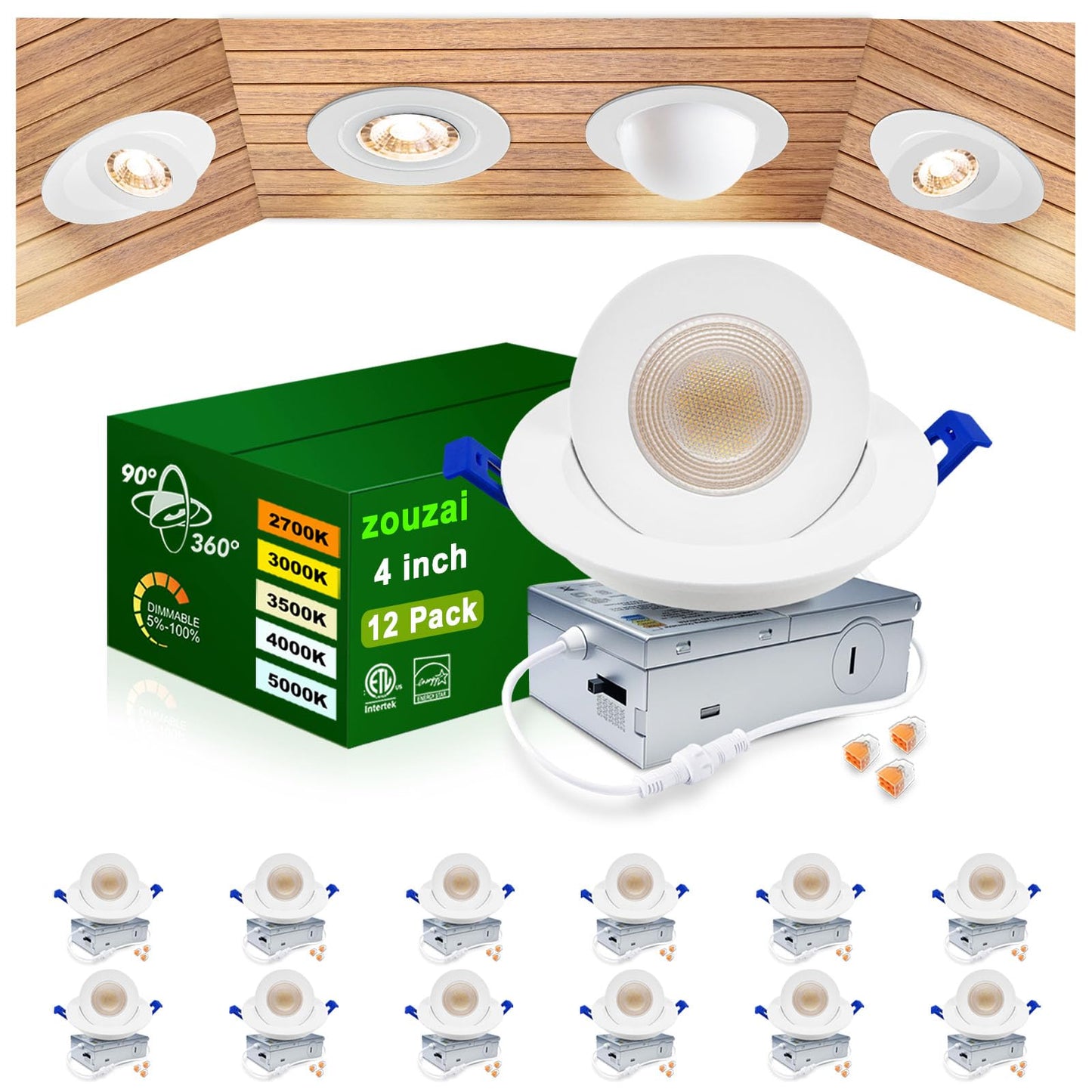 Zouzai 4 Inch Gimbal Led Recessed Lights  360+90 Adjustable Directional Recessed Lighting  2700K/3000K/3500K/4000K/5000K Dimmable Retrofit Eyeball Can Lights With Jbox Etl(White 12 Pack)