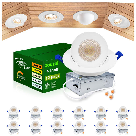 Zouzai 4 Inch Gimbal Led Recessed Lights  360+90 Adjustable Directional Recessed Lighting  2700K/3000K/3500K/4000K/5000K Dimmable Retrofit Eyeball Can Lights With Jbox Etl(White 12 Pack)