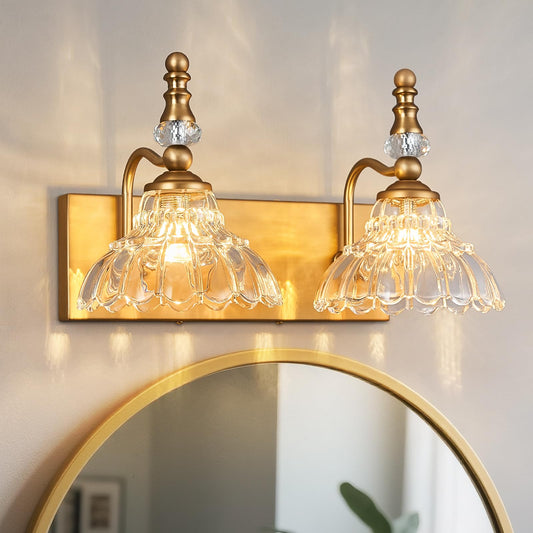 Lbsqj Vintage Bathroom Vanity Light  2-Light Brass Vanity Lighting Fixture With Flower Glass Shade  Bathroom Lighting Fixtures Over Mirror
