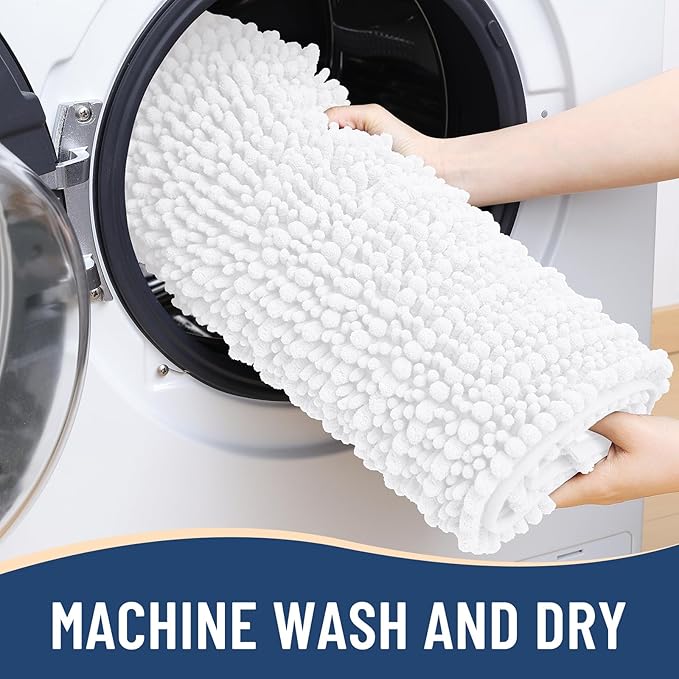 Arotive Luxury Chenille Bathroom Rug Mat, Extra Soft Thick Absorbent Shaggy Bath Rugs, Non-Slip Machine Wash Dry, Plush Bath Mats for Bathroom, Shower and Tub, 60x24, White