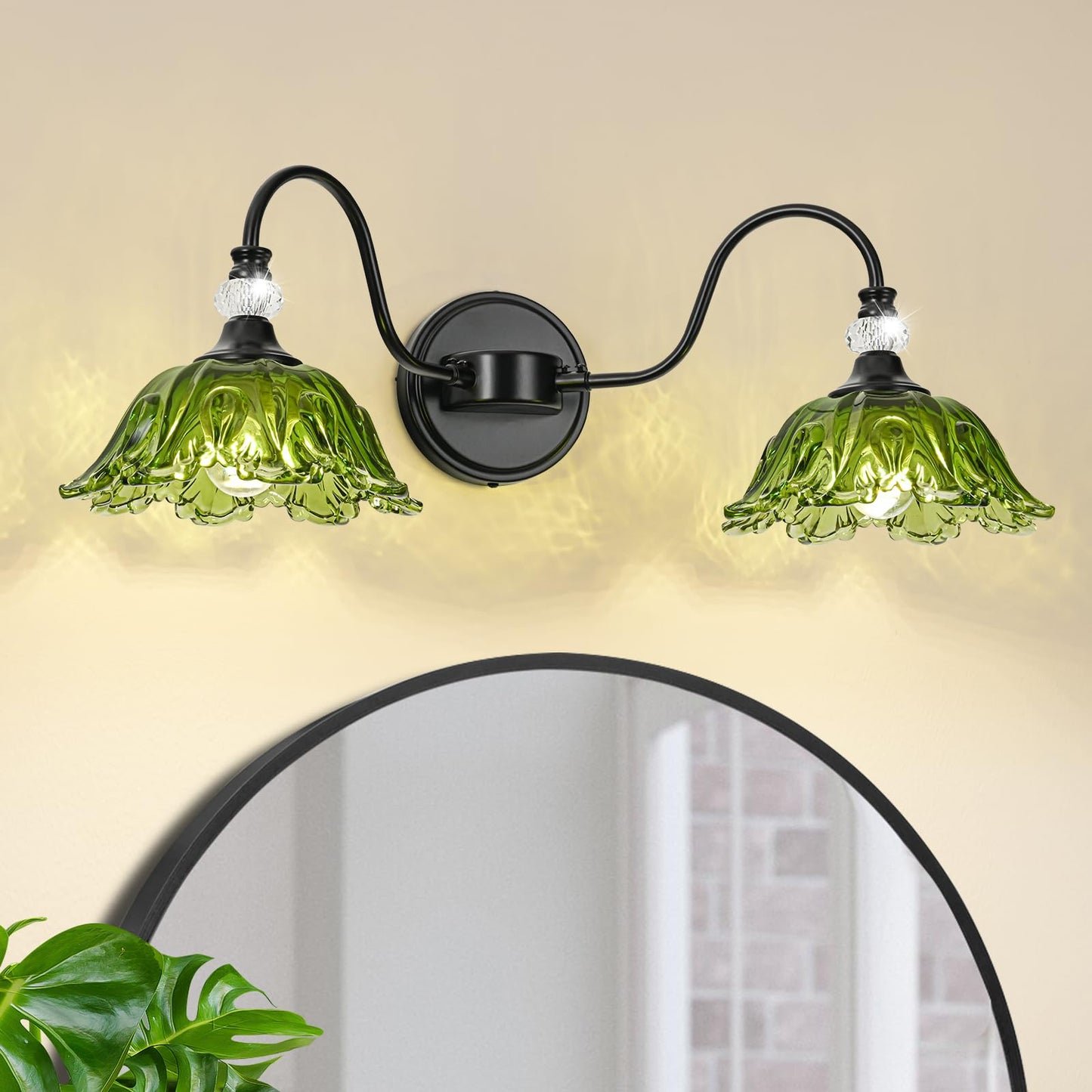Sunkryster Black Bathroom Vanity Light  2-Light Vanity Light With Floral Green Glass Shades Vintage Farmhouse Wall Mount Lighting For Bathroom  Dressing Table
