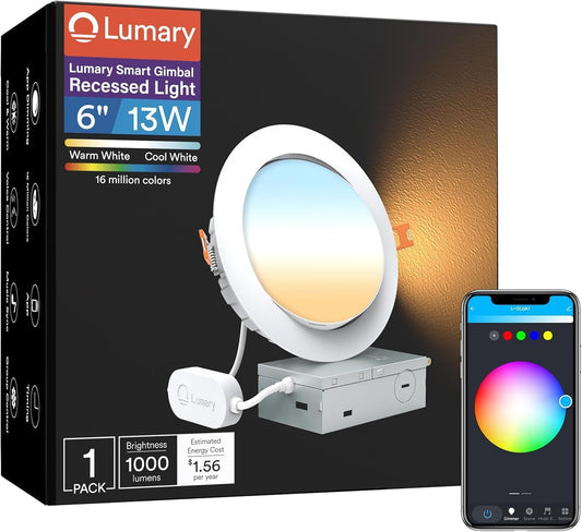 Lumary Smart Gimbal Recessed Lighting 6 Inch  355+20 Adjustable Rgbww Wifi Ceiling Light  Compatible With Alexa Google  Canless Led Downlight With J-Box  13W 1000Lm Cri90  1Pc