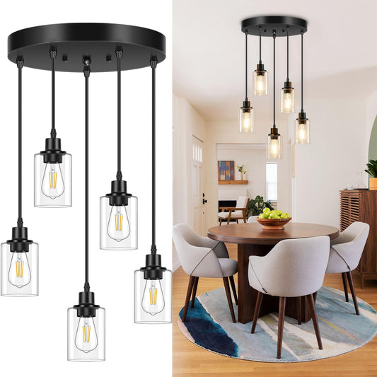 Licperron 5-Light Pendant Light Fixtures With Clear Glass Shades  Black Adjustable Kitchen Island Hanging Ceiling Light Fixtures  Modern Pendant Lighting E26 Base For Dining Room  Hallway  Living Room