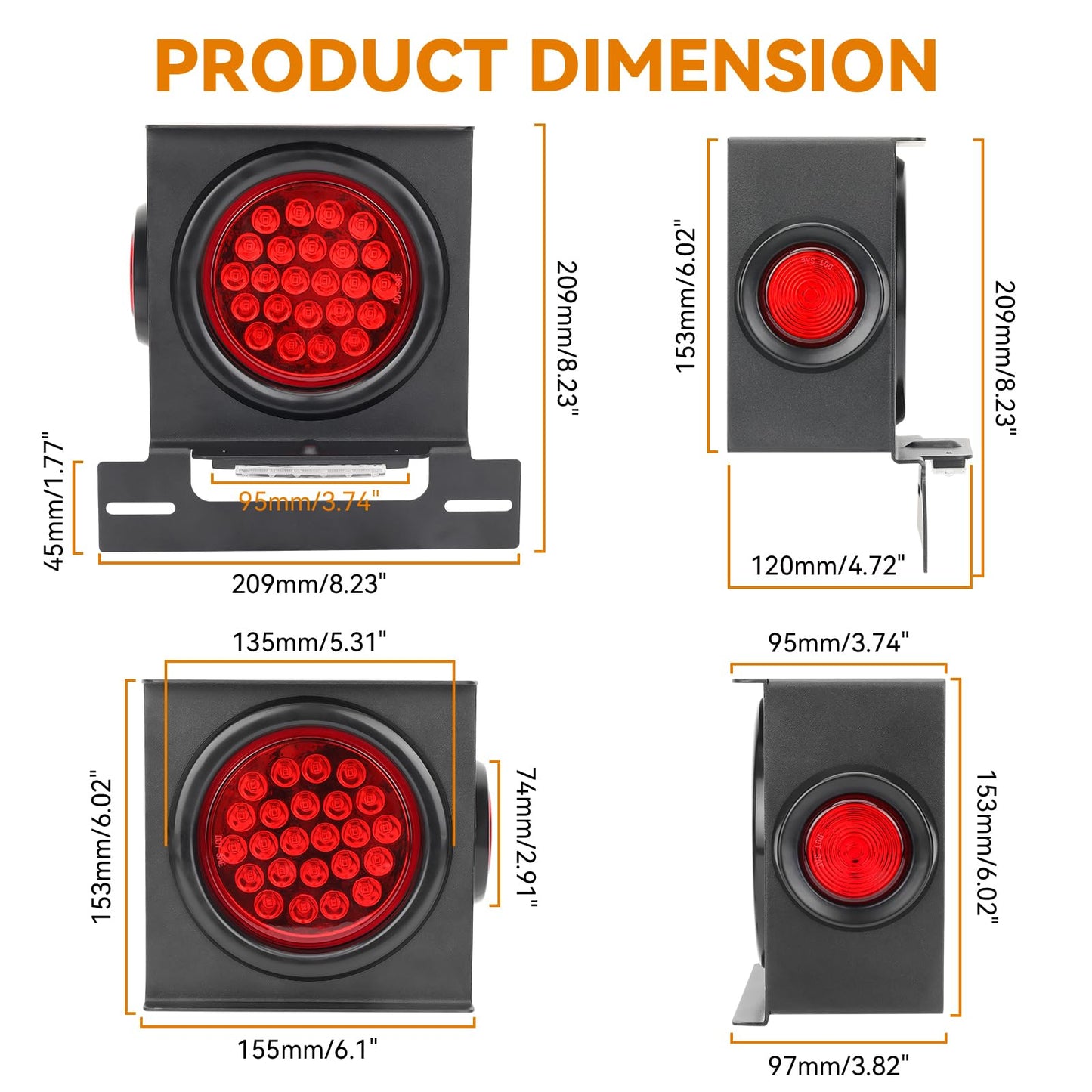 Rvzone 12V Square Led Trailer Light Steel Boxes Housing Kit  2Pcs Ip67 Red Waterproof Stop Brake Turn Lights With 4In Round Tail Lights 2 In Round Side Marker Light 6Led License Plate Lighting