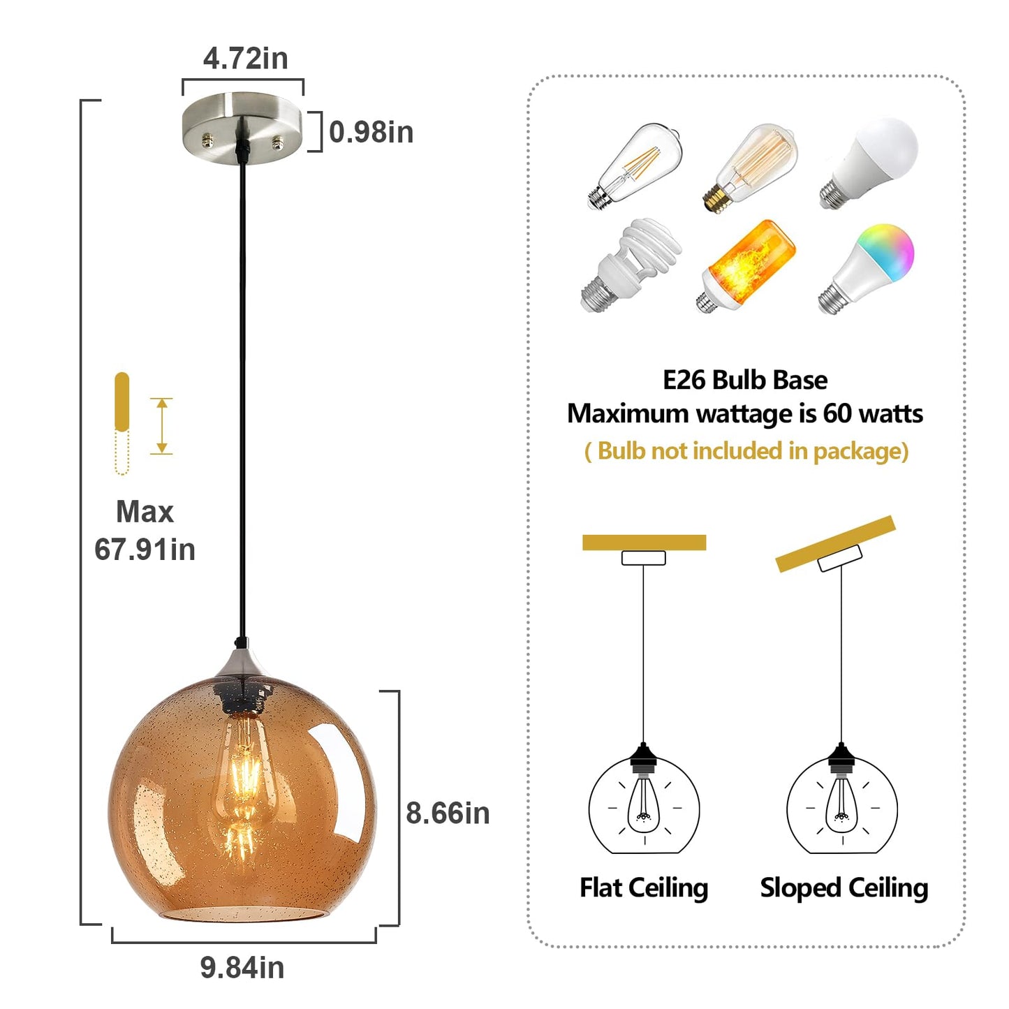 Lbsqj Amber Glass Pendant Lights Kitchen Island Globe Pendant Light Fixtures Modern Pendant Lighting For Bedroom Living Dining Room Light Fixture (9.84 In  1 Pack)