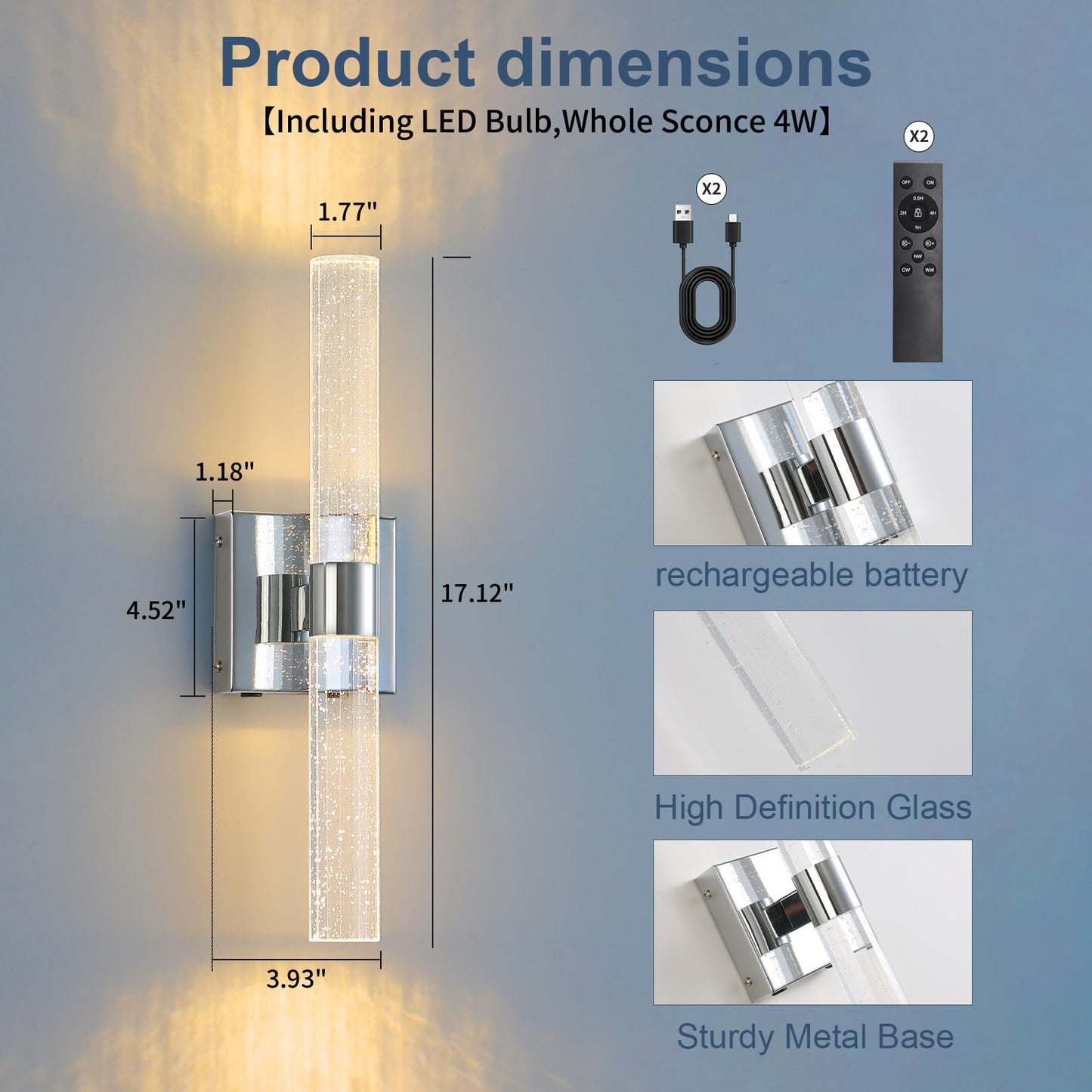 Hongren 17 Inch Chrome Battery Operated Wall Sconces Set Of Two Rechargeable Battery Powered Wall Light With Remote Control Led Dimmable Lamp Fixtures For Living Room Bedroom Hallway (2 Pack)