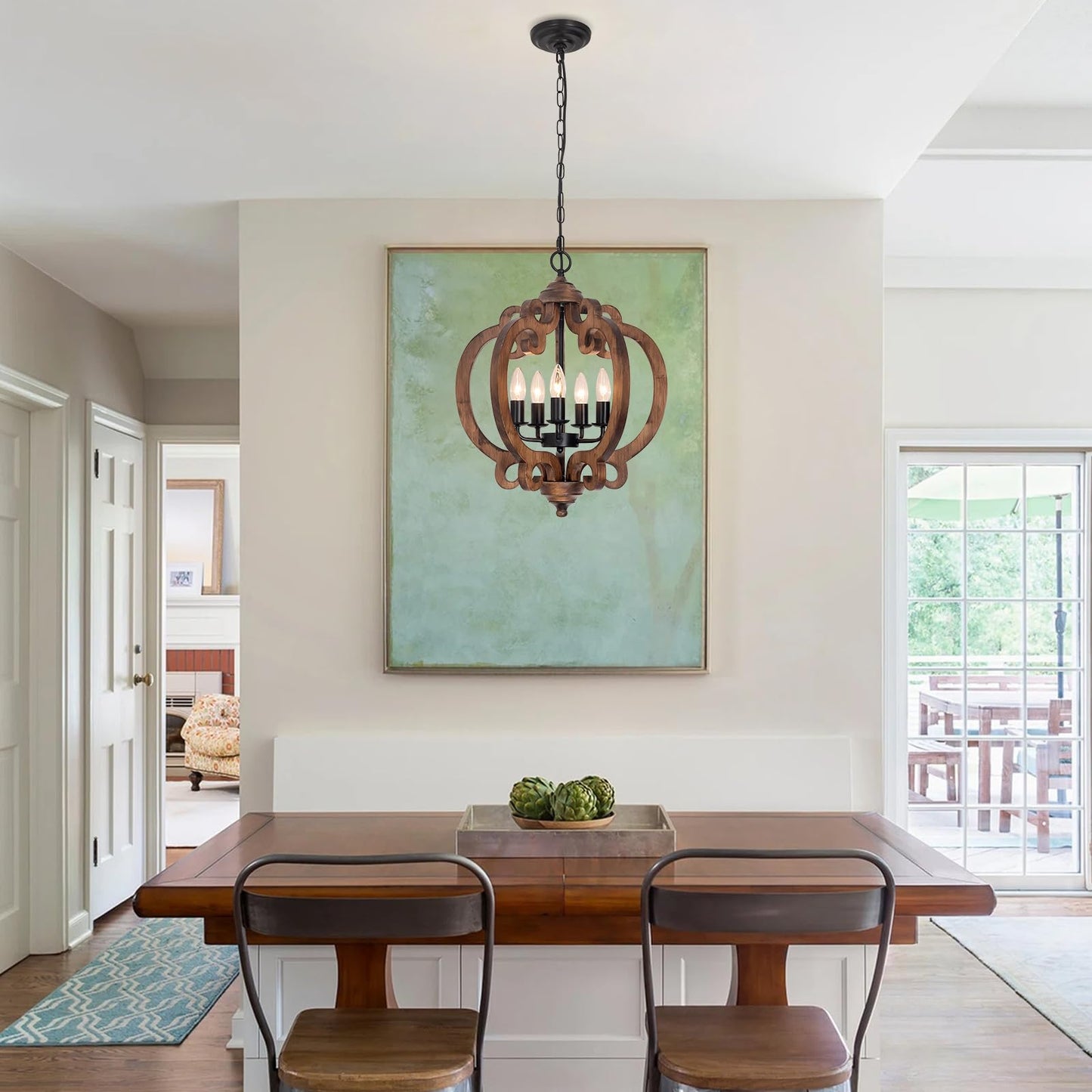 17.72 Farmhouse Wood Chandelier  5-Light Rustic Dining Room Light Fixture  Farmhouse Hanging Pendant Lighting  Vintage Orb Chandeliers For Kitchen Island Foyer Living Room Bedroom