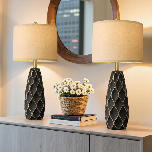 Portres 27.5 Ceramic Table Lamps For Bedroom Living Room Lamps Set Of 2 Modern Bedside Nightstand Lamp Farmhouse Vintage Rustic Boho Retro Large Table Lamps Light Home Office Desk Deco Gifts  Black