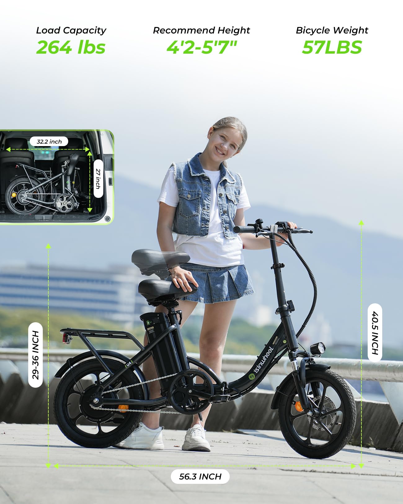 isinwheel U4 16" Folding E Bike for Adults Electric Bike with Suspension, 10.4Ah Battery, 500W Motor, 19mph Top Speed, Step Through Adult Electric Bicycles, Mini Commute Ebike for Adults and Teens