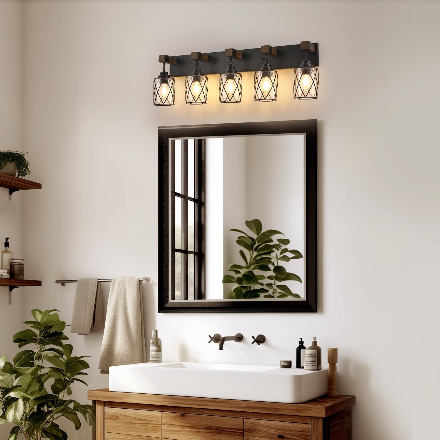 Farmhouse Bathroom Light Fixtures  5 Light Bathroom Vanity Light With Metal And Glass Lampshade  Wood Rustic Lighting Fixtures Over Mirror  Black Wall Sconces For Living Room  Bedroom