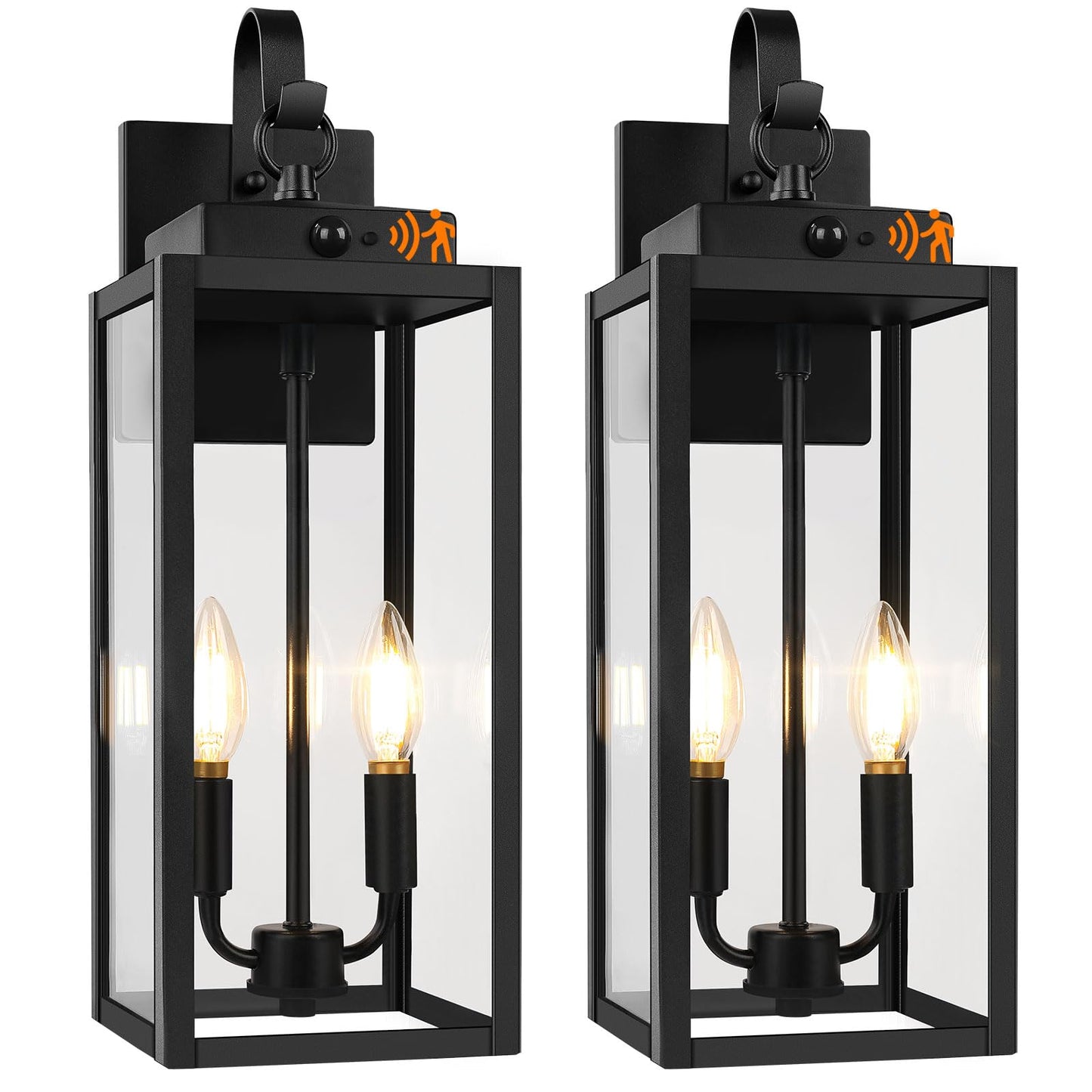 Beslowe 17.5  Upgraded Motion Sensor Outdoor Wall Lights  Dusk To Dawn Porch Lights Outdoor Wall Sconces  3 Lighting Modes Exterior Lighting Fixtures With Hooks  Black Outside Lights For House  2-Pack