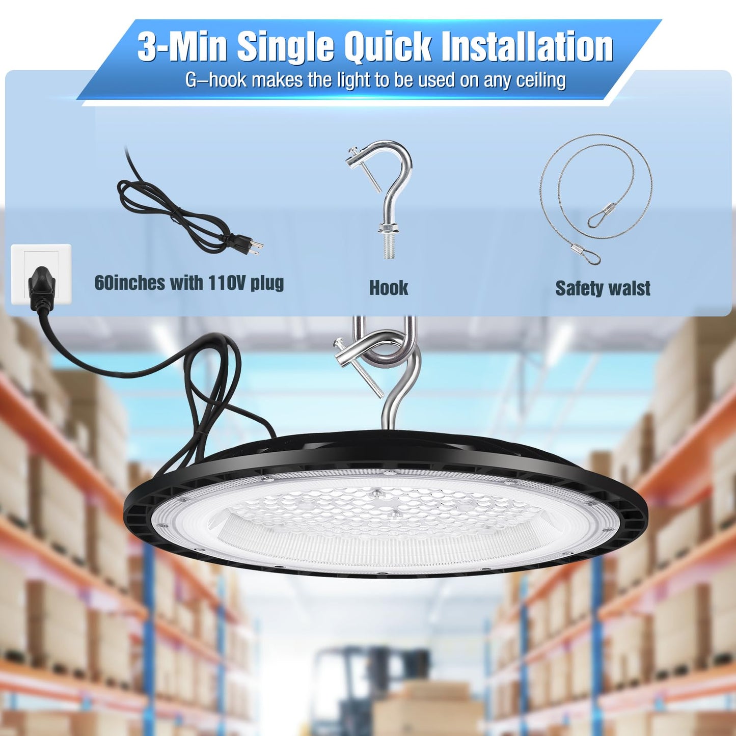 Yanycn 300W Ufo Led High Bay Light 120Vac 5000K Daylight Commercial Shop Bay Lighting Fixture 45000Lm [1300W Mh/Hps Equiv.] Us Plug Area Lighting For Warehouse/Barn/Gym/Factory/Workshop