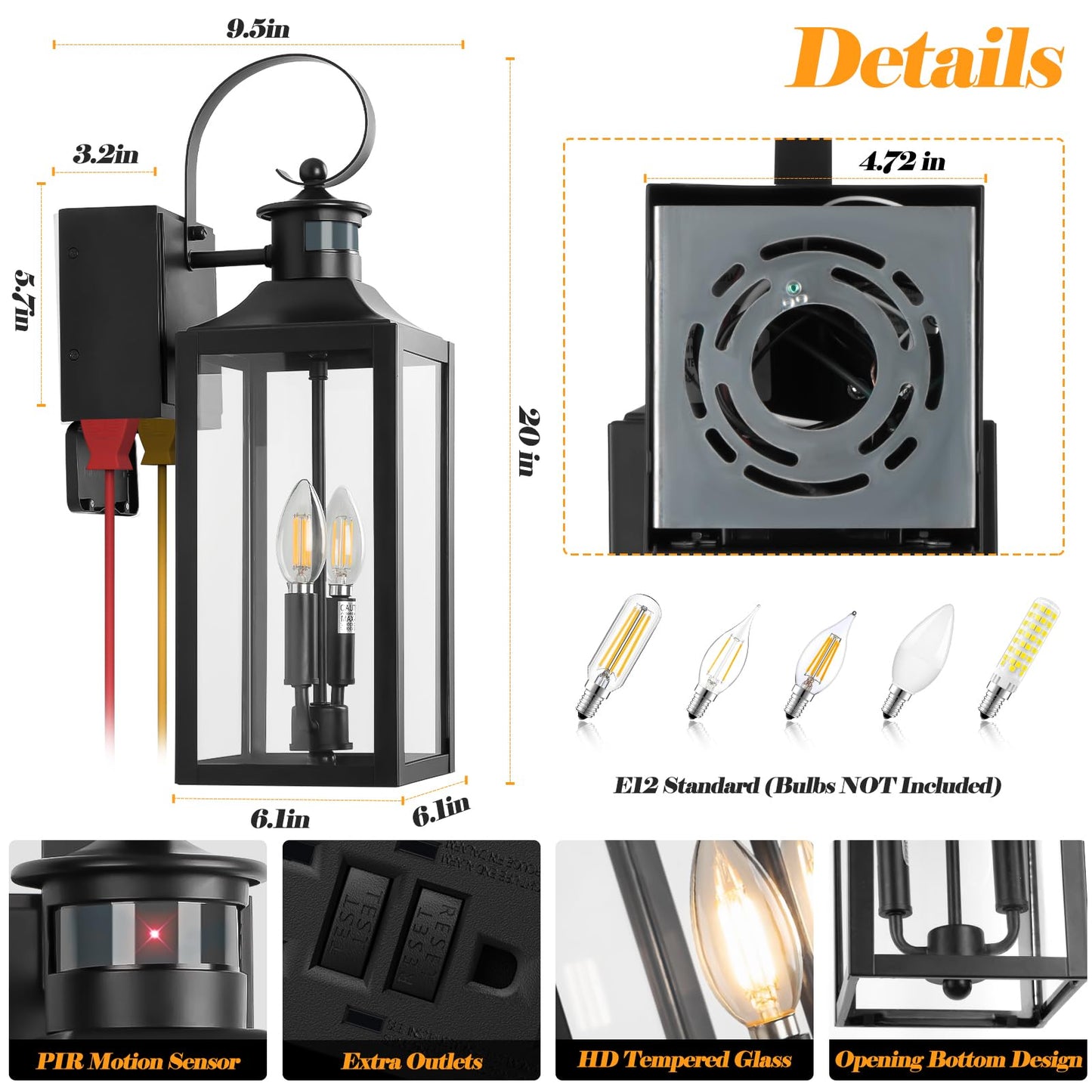 20 Black Motion Sensor Outdoor Lights With Gfci Outlet  Dusk To Dawn Exterior Lighting Fixtures  Porch Lights With Gfci Outlet Built-In  Waterproof Outdoor Wall Sconce For House Front Door Patio