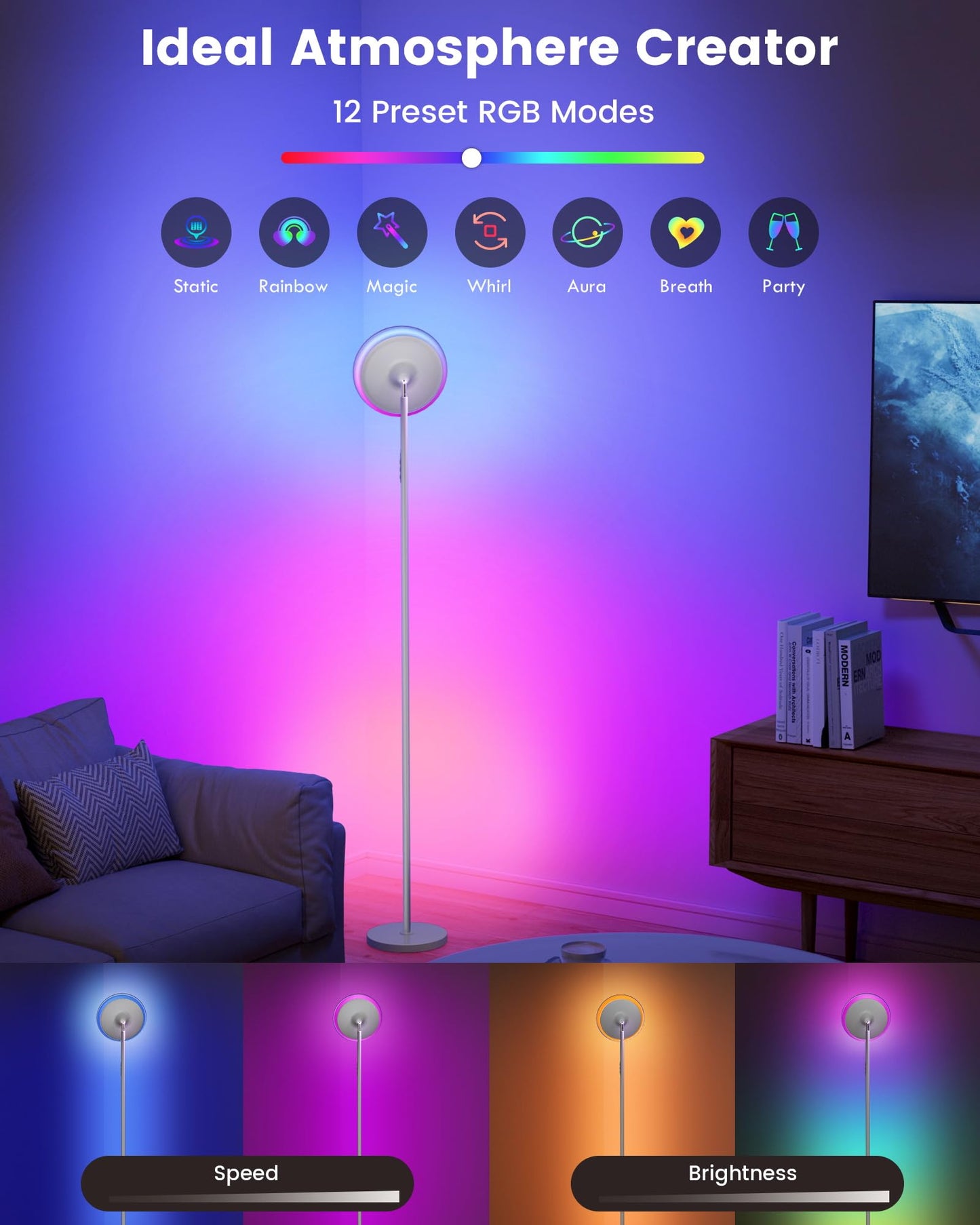 WOWLUMEN Modern Floor Lamp, 42W 3700LM LED Torchiere, 5 Color Temperatures, Touch Control, White
