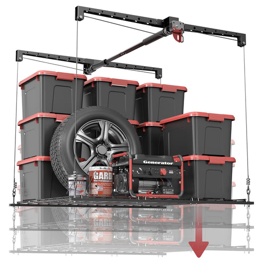 Overhead Garage Storage Rack for 8-10 FT Ceiling, Heavy-duty 4x4 FT Ceiling Storage Racks with Safety Lock, Ideal for Garage Storage Mounted Lift System and Storage Organizer, 250lbs Capacity