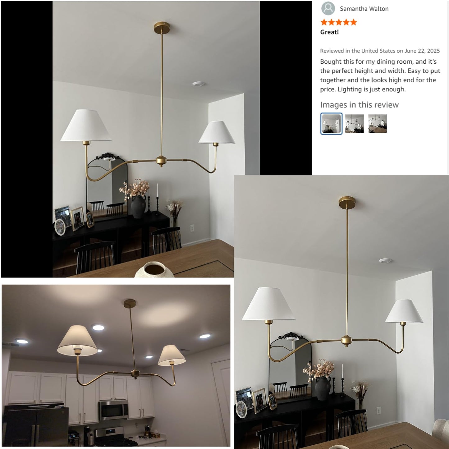 Jsdorsy 2-Light Gold Modern Linear Chandelier  55 Inch Farmhouse Kitchen Island Lighting With White Fabric Shades  Dining Room Light Fixtures For Living Room Bedroom  Height Adjustable