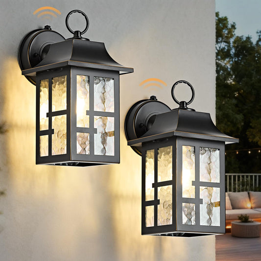 Okeli 2-Pack Dusk To Dawn Exterior Lighting Fixture  Farmhouse Outdoor Wall Lights With Ripple Glass  Aluminum Porch Light Wall Mount  Anti-Rust Outside Wall Sconce For House  Garage(Black&Gold-Trim)