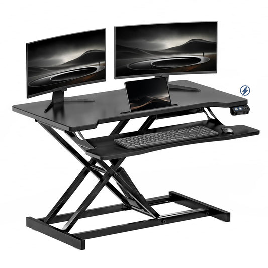 OUKMIC 32" Electric Standing Desk Converter, Height Adjustable Sit to Stand Up Desk Riser with Large Keyboard Tray, Dual Monitor and Laptop Motorized Desktop Workstation for Home & Office, Black