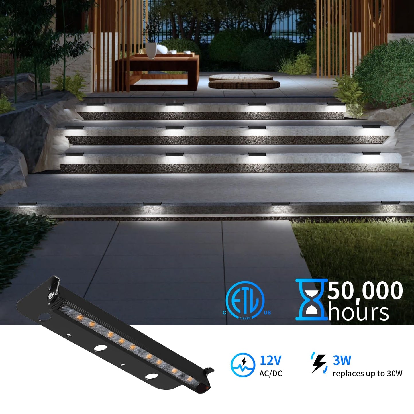Kwinmyso 12-Packs 3W 7Inch Led Hardscape Paver Lighting 12V Ac/Dc Low Voltage Retaining Wall Lights Landscape Lighting 5000K Daylight White Outdoor Step Light 50 000 Hours Lifespan-Black