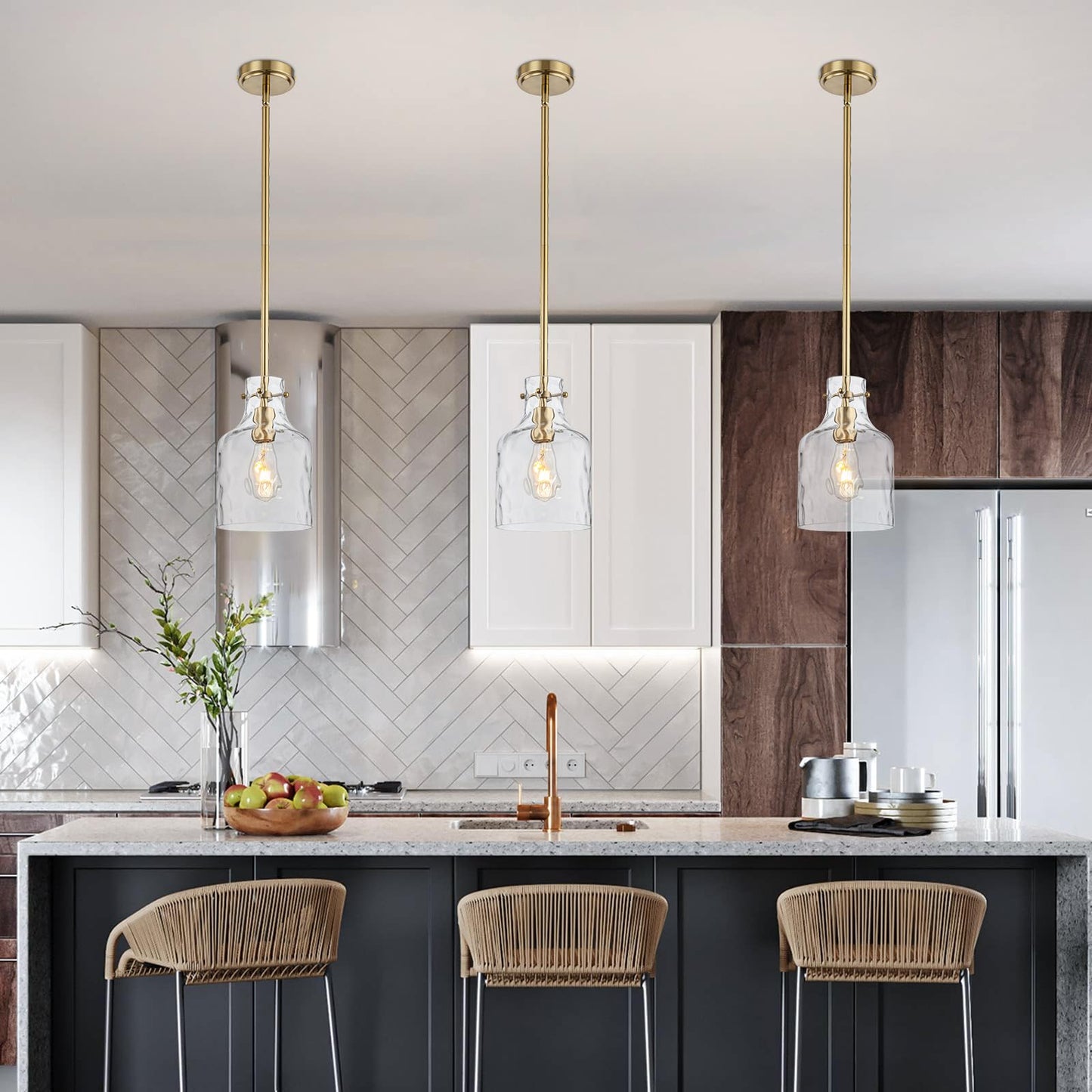 Wilon Pendant Light Fixtures Glass Pendant Lighting For Modern Kitchen Island Adjustable Hanging Ceiling Light 7 Hammered Glass Shade Pendant Lights For Dining Room Kitchen Sink  Gold Metal Finish