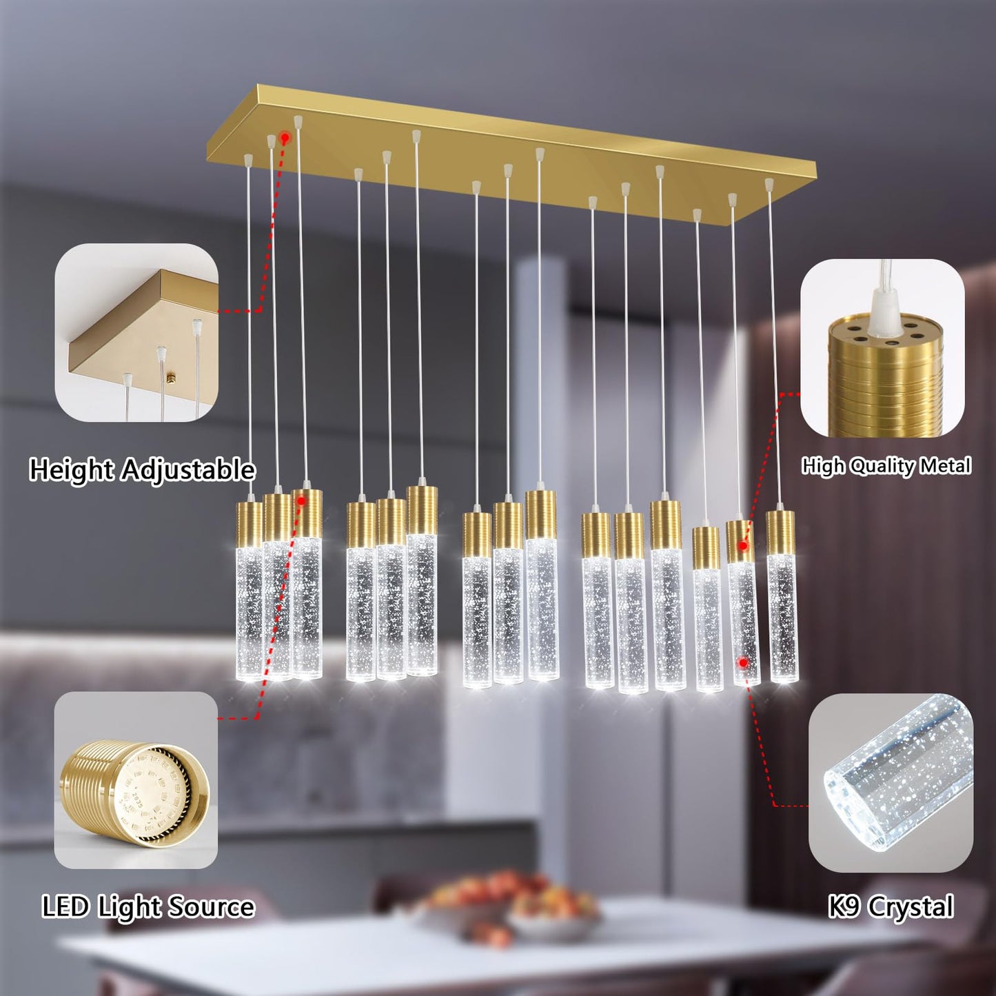 15-Lights Modern Led Pendant Lighting Fixture For Kitchen Island Crystal Chandelier Light Fixtures For Dining Room Living Room Gold