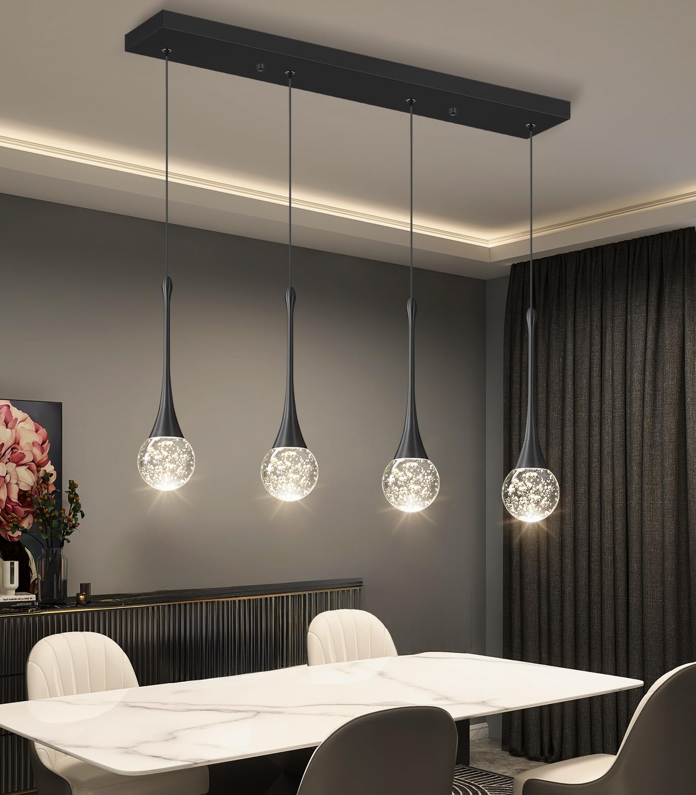 4-Lights Modern Pendant Lights For Kitchen Island Led Dimmable Crystal Glam Ceiling Pendant Lighting Chandelier For Dining Room Hallway Bedroom Black