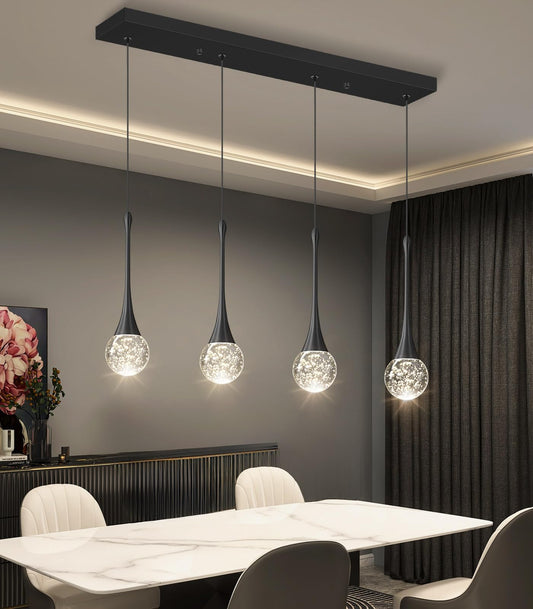 4-Lights Modern Pendant Lights For Kitchen Island Led Dimmable Crystal Glam Ceiling Pendant Lighting Chandelier For Dining Room Hallway Bedroom Black