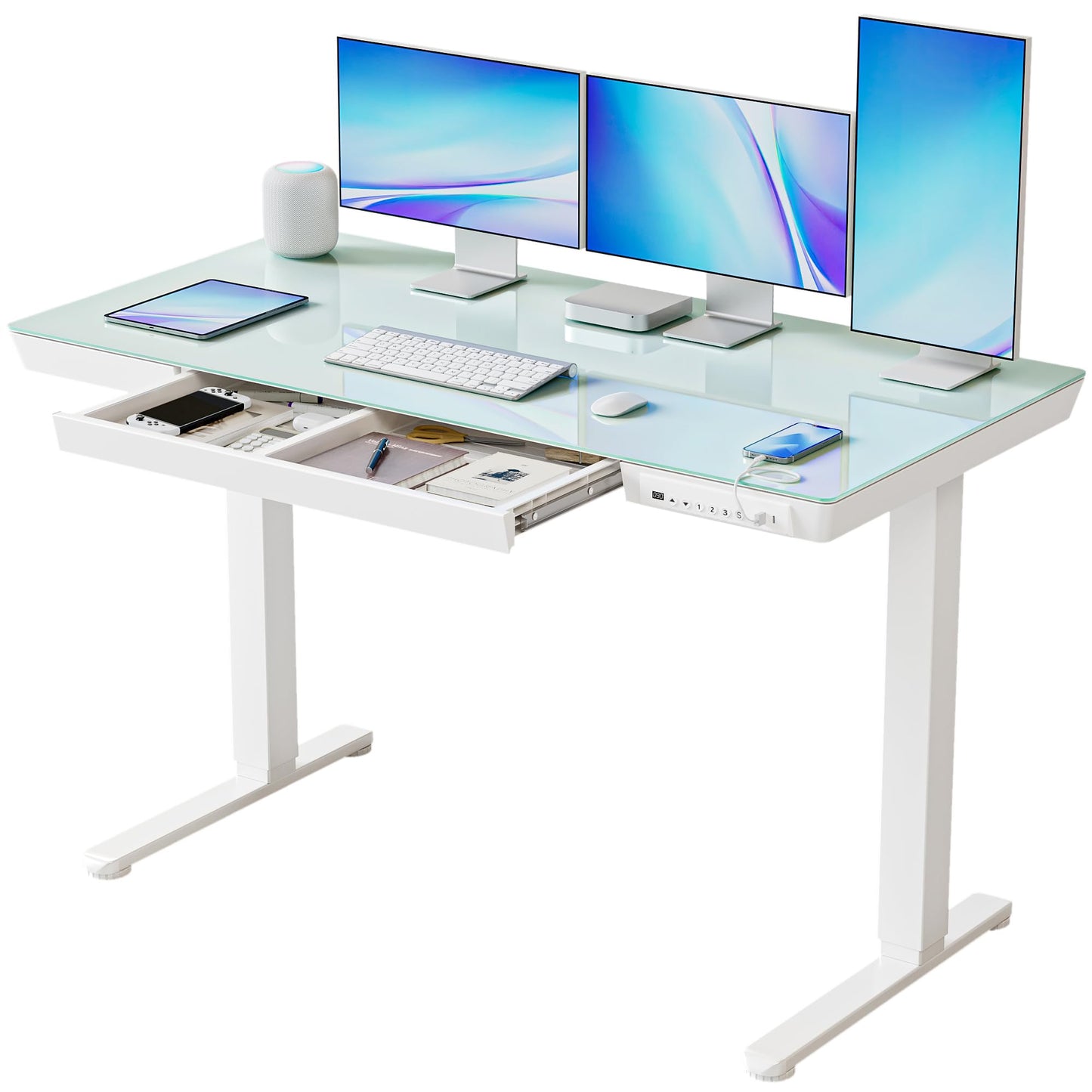 BANTI Electric Standing Desk with Drawers, 55 inch Whole-Piece Glass Desktop, Height Adjustable Stand up Sit Stand Home Office Ergonomic Workstation, White Tabletop