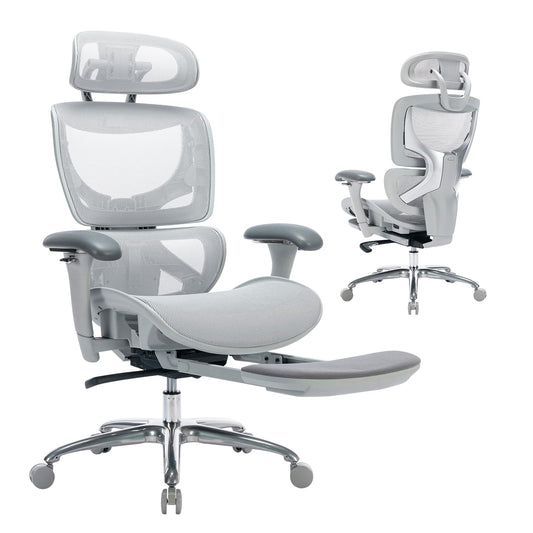 COLAMY Ergonomic Mesh Office Chair, High Back Desk Chair with Footrest, Adjustable Headrest and 3D Arms, Fixed Tilt Lock, Lumbar Support, Breathable Mesh Computer Chair for Home Office,Grey