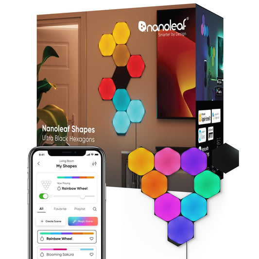 Nanoleaf Shapes Smart RGBW Wall Lights, Dimmable, 16M+ Colors, Black Hexagons, 9 Pack, Model NL42-0103HX-9PK