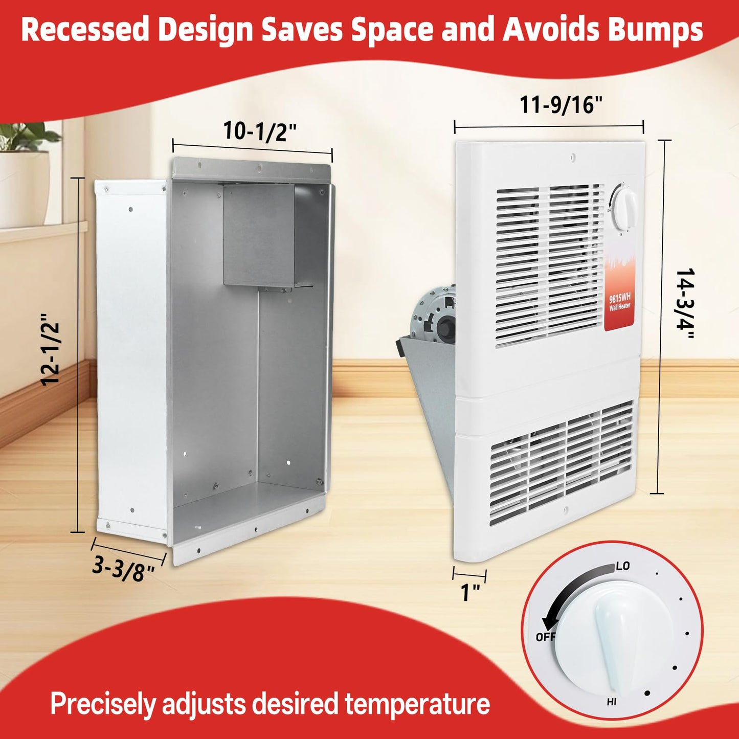 9815WH Large Capacity Electric Wall Heater, High Capacity Wall Heater with Built-In Adjustable Thermostat and Silent Motor, 1500 W, 120/240 V, Overheat Protection