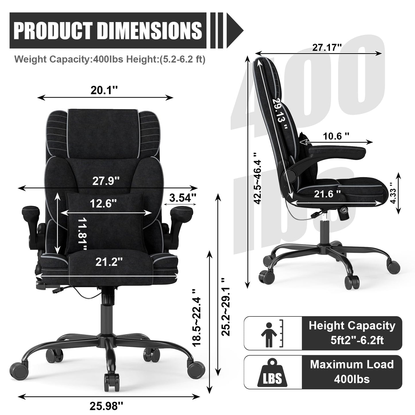 Big and Tall Office Chair with Adjustable Lumbar Support,Breathable Fabric High Back Desk Computer Chair with Adjustable Flip-up Armrests,Ergonomic Swivel PC Chair with Rocking Function