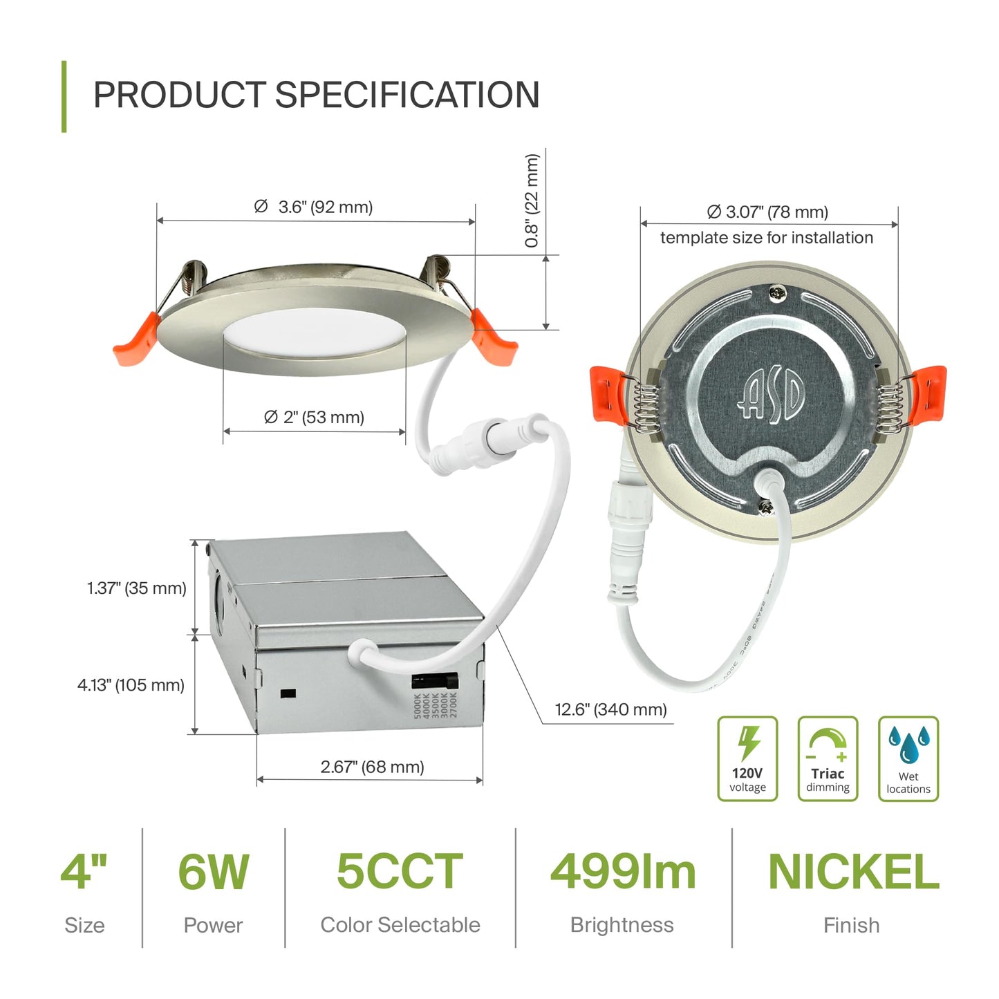 Asd 6 Pack 3 Inch Led Recessed Light 6W  5 Cct 2700K-5000K Cri90+  Ic Rated Ultra Thin Dimmable Ceiling Lights With J Box  Canless Wafer Downlight  Round Slim Panel Lighting  Energy Star Etl  Nickel
