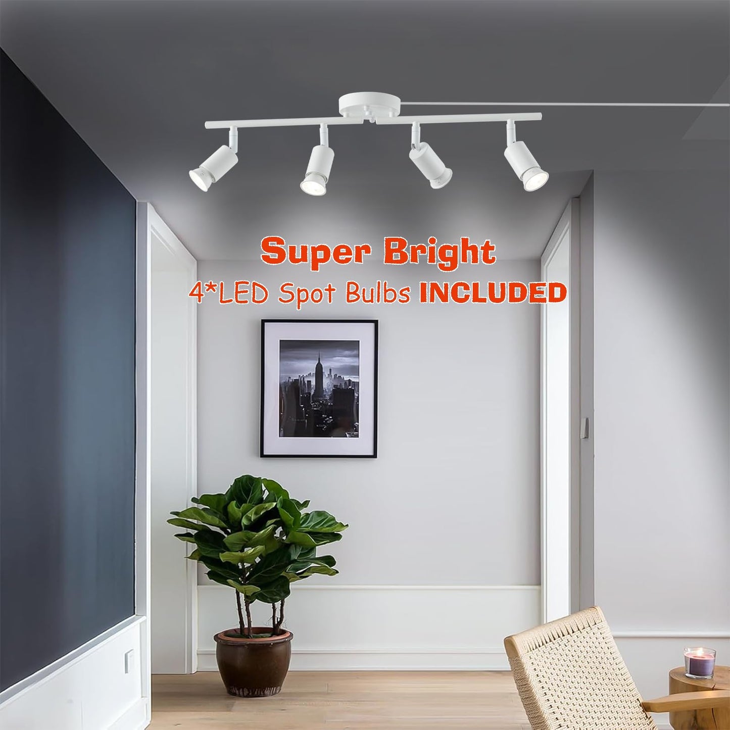 Vivihobb Dimmable Plug In Track Light White 4 Light Plug In Ceiling Lighting Fixture With 16.4 Long Cord 4 Way Ceiling Spotlight Rotatable Wall Mount Light Head Led Dimmable Spot Bulbs Included