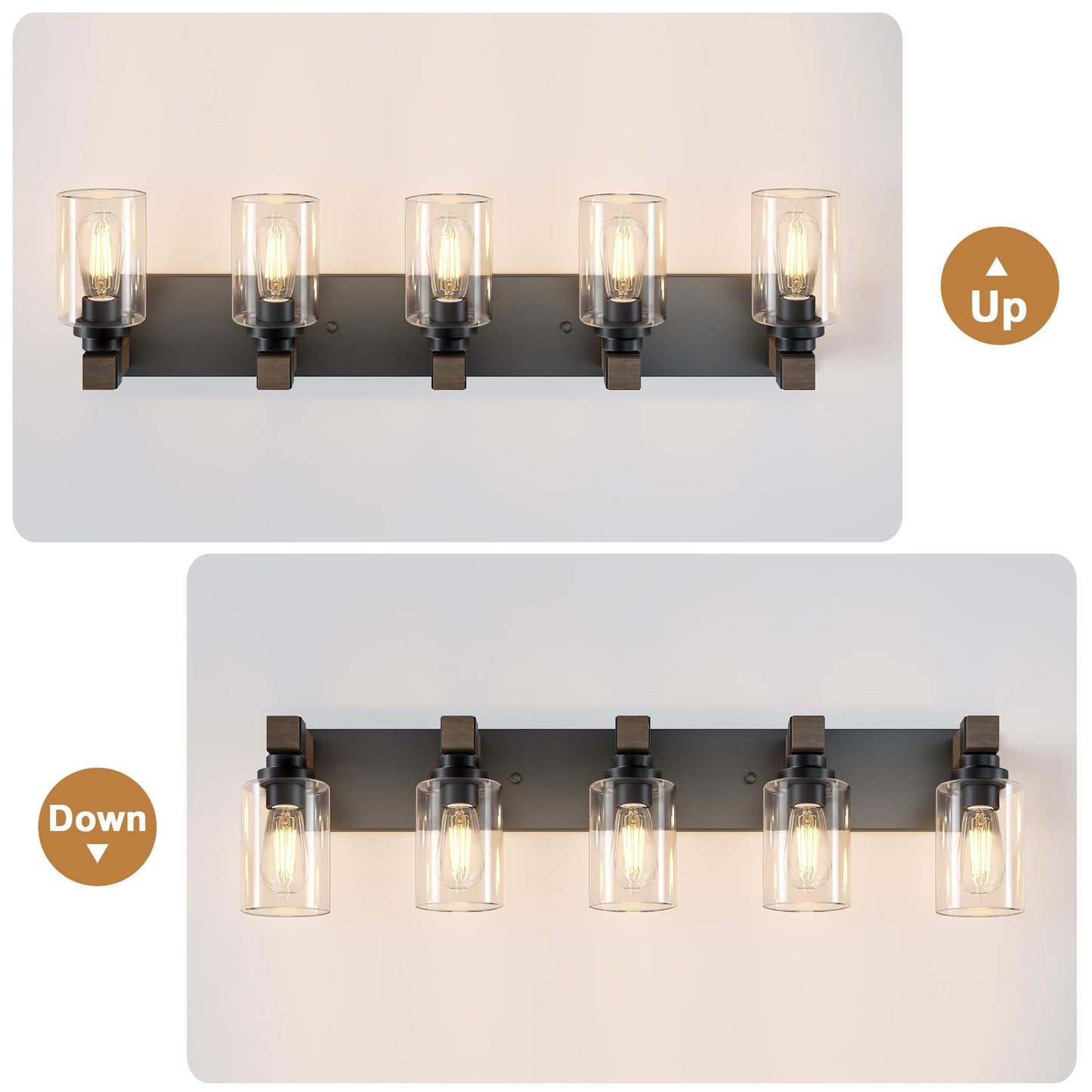 Farmhouse Bathroom Vanity Light Fixtures  Rustic 5-Light Wood Vanity Lights For Bathroom  Vintage Black Wall Sconces Lighting  Light Fixtures Over Mirror  With Glass Shade