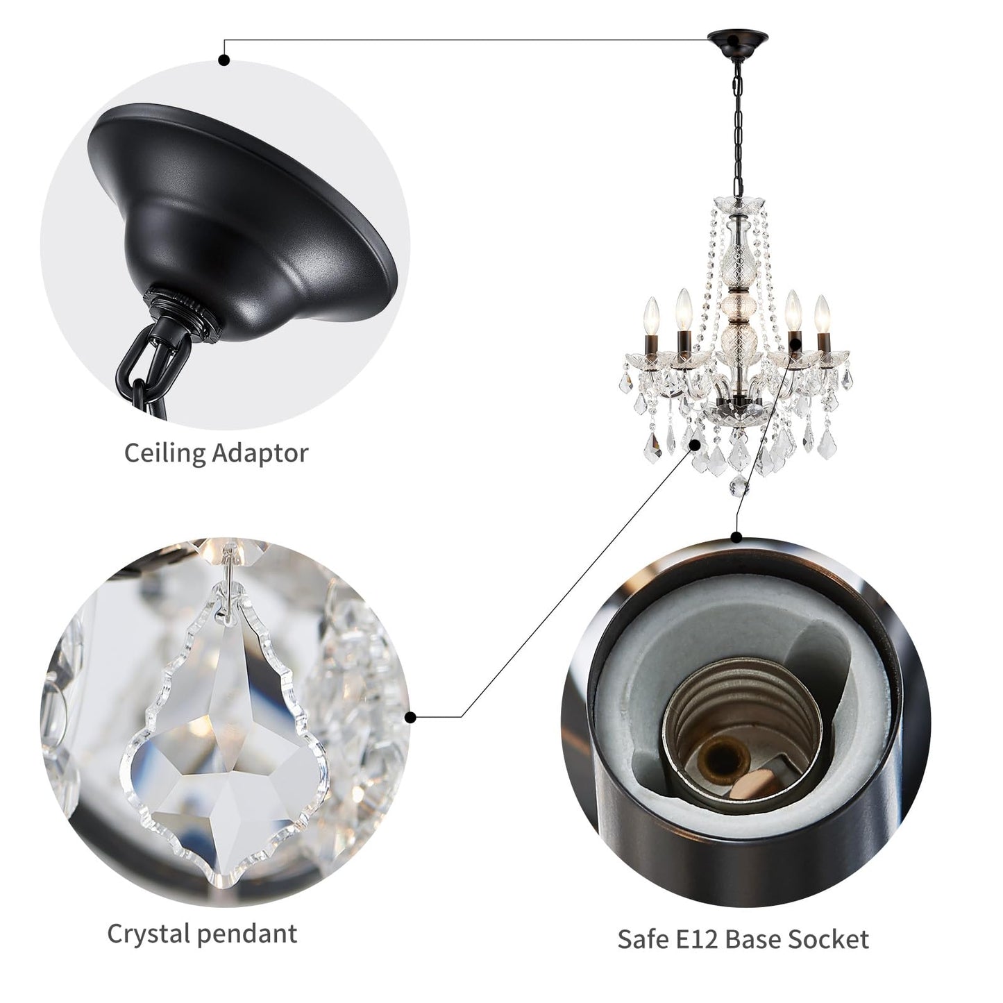 Wuzups Crystal 5-Light Candle Chandelier Pendant Flushmount Ceiling Light Modern Lighting Fixture For Bedroom Hallway Bar Kitchen Bathroom  H 25 X W 20  Black  E12 Base