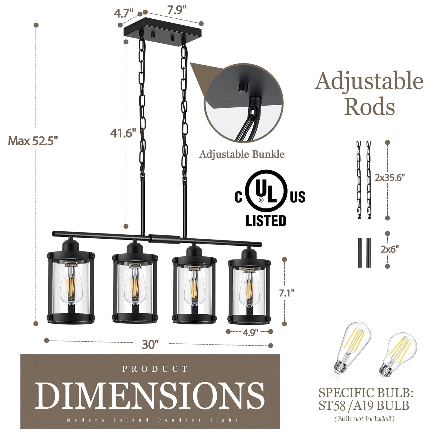 Osimir 4-Light Kitchen Island Lighting  Black Linear Dining Room Light Fixtures With Clear Glass And Chain  Modern Farmhouse Chandelier Pendant Light For Kitchen Island Dining Room  Os-3014-4Isbk
