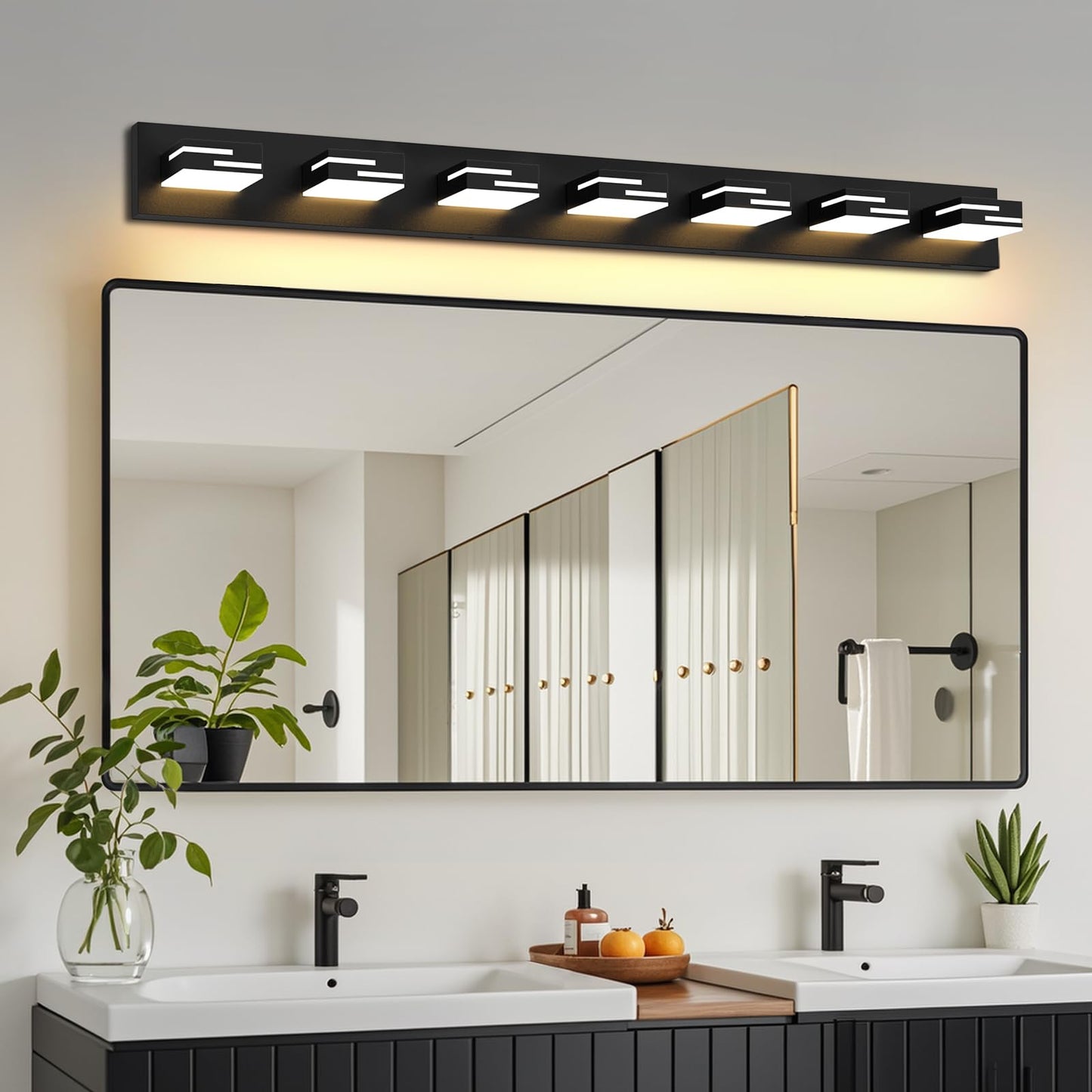 Lkhf Led Modern Bathroom Vanity Light Fixtures 7-Light 5Cct Dimmable Matte Black Vanity Lights For Bathroom Lighting Fixtures Over Mirror  With 350?Rotatable Acrylic Heads  48-Inch
