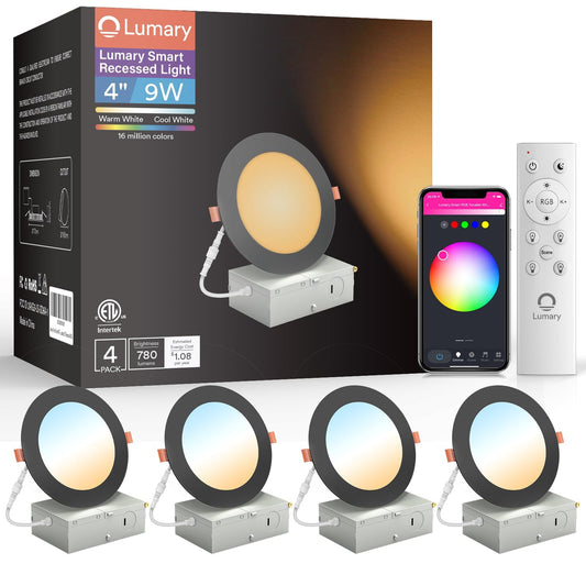 Lumary Black Smart Recessed Lighting 4 Inch  9W 780Lm Color Changing Led Downlight With J-Box  Dimmable Canless Wafer Light  Compatible With Alexa/Google Assistant/Bt Remote  Etl Listed  4 Pack