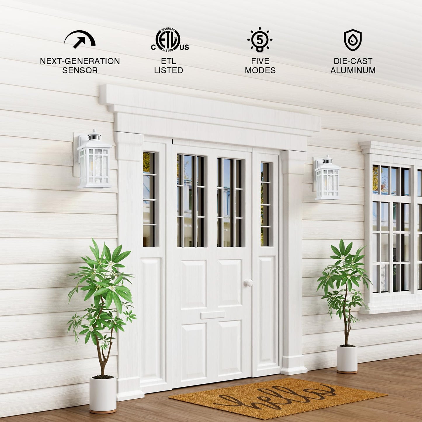 Opaxis White Motion Sensor Outdoor Lights  2-Pack Modern Dusk To Dawn Outside Light With 4 Modes  Exterior Lighting Fixtures For House  Entry  Porch  Patio  Garage  Brightness Distance Adjustable