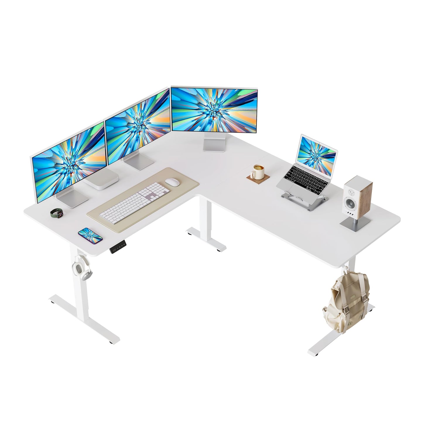 CubiCubi L Shaped Standing Desk 63 x 55 Inch Adjustable Height, Electric Corner Desk, Sit Stand Home Office Desk with Splice Board, White