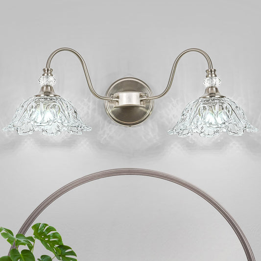 Sunkryster Brushed Nickel Bathroom Vanity Light  2-Light Vanity Light With Floral Clear Glass Shades  Nickel Wall Mount Lighting For Bathroom  Dressing Table
