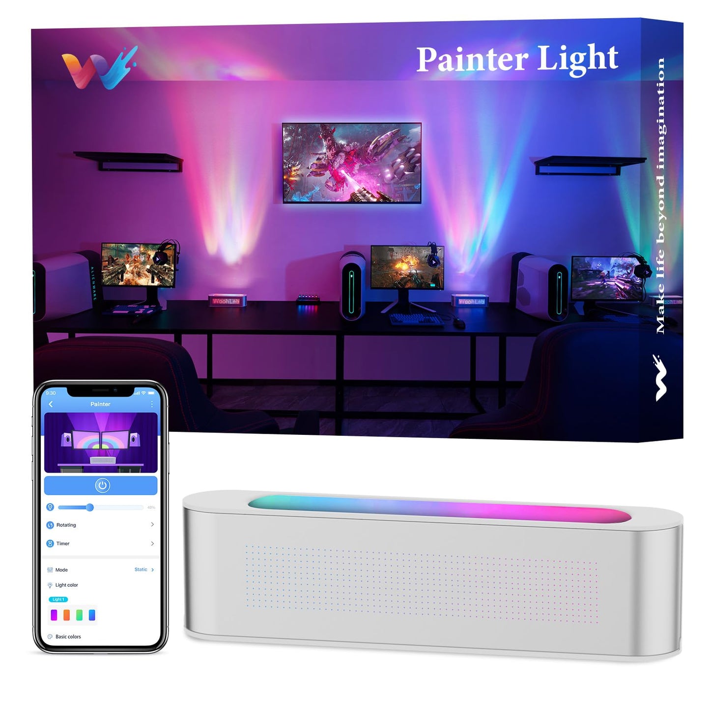 woohlab Smart Light Bar, RGBW Color Changing, Music Sync, Aluminum, Model WL001, Silver, 1 Pack
