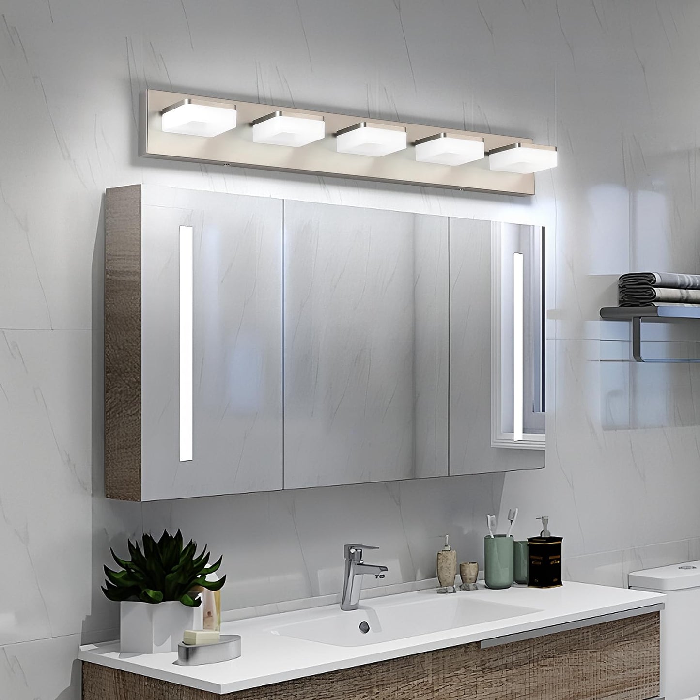 Bicrink Brushed Nickel Vanity Lights For Bathroom 5 Light Vanity Lighting Fixtures For Mirror 32 Adjustable 5500K Modern Led Vanity Light Over Mirror  Bath Wall Lighting Fixtures