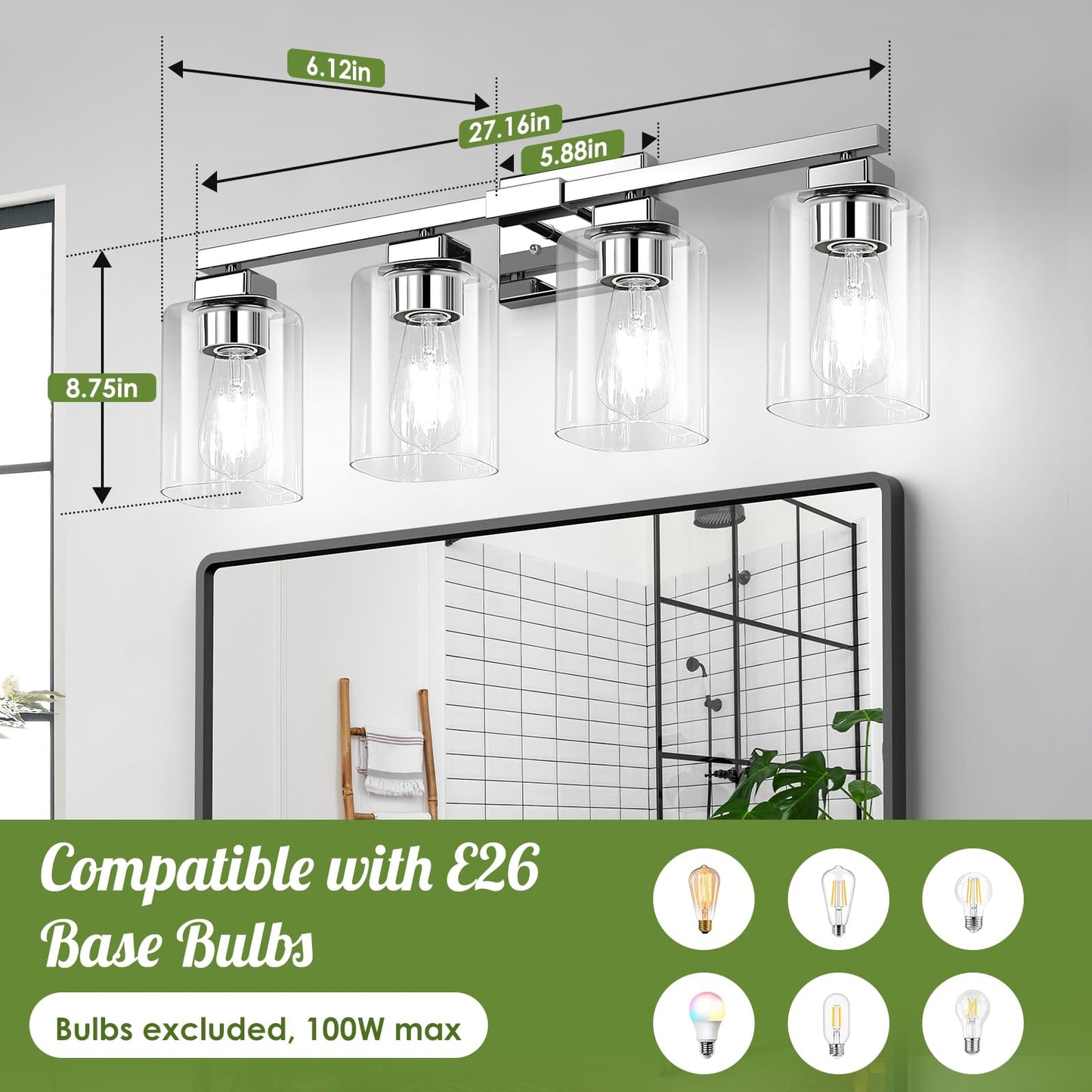 Beslowe 4-Light Bathroom Light Fixtures  Modern Chrome Bathroom Vanity Light  Bathroom Lighting Fixtures Over Mirror  Matte Chrome Bathrom Wall Lamp  Wall Lights For Living Room Bedroom Hallway